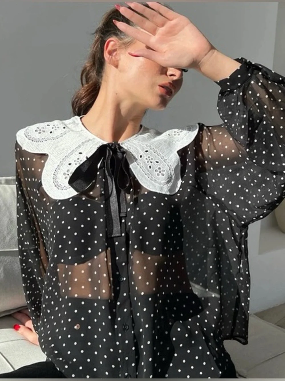 ZARA | Polka Dot Blouse with White Lace Collar & Self Tie Ribbon - Picture 3 of 3